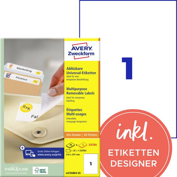 Avery-Zweckform L4735REV-25 Universelle etiketter 210 x 297 mm Papir Hvid 30 stk Kan fjernes igen Inkjetprinter, Laserprinter, Farvelaserprinter, Kopimaskine, Farvekopimaskine, Håndskrift