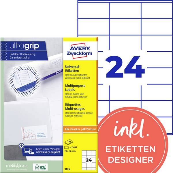 Avery-Zweckform 3475 Universelle etiketter 70 x 36 mm Papir Hvid 2400 stk Permanent vedhæftningsevne Inkjetprinter, Laserprinter, Farvelaserprinter, Kopimaskine, Farvekopimaskine, Håndskrift