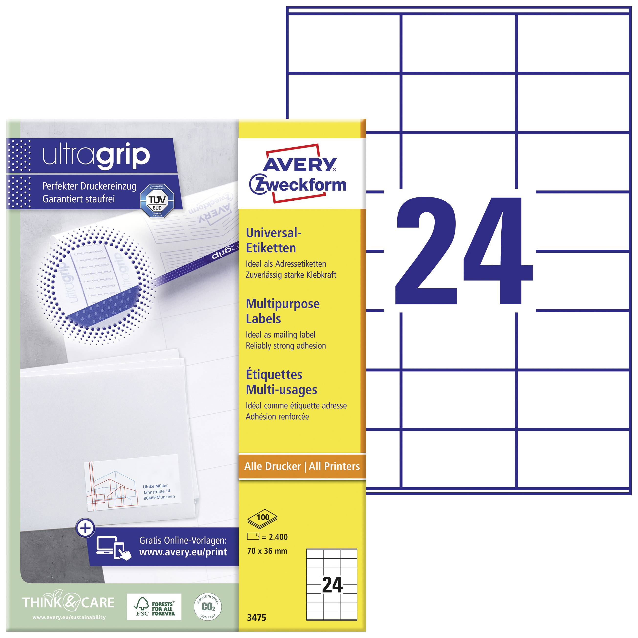 Etikettepakning med 'Universaletiketter' til alle printere. Indeholder 24 etiketter pr. ark. Design: Avery Zweckform.
