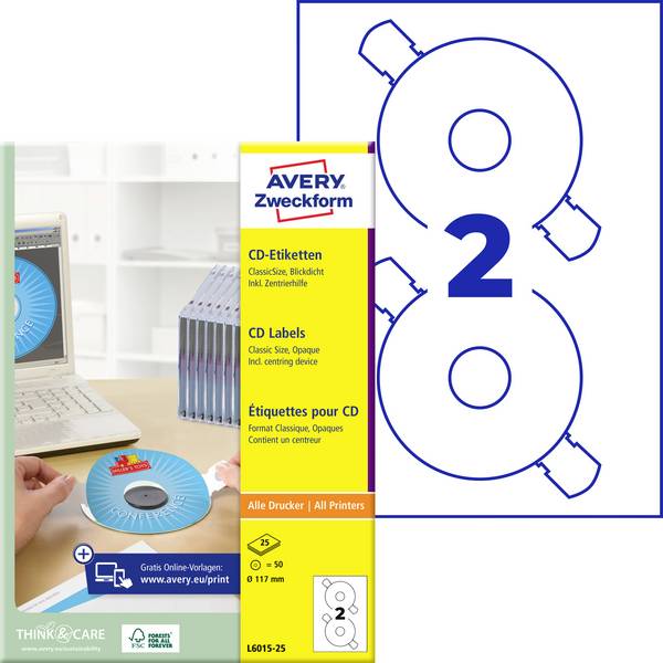 Avery-Zweckform L6015-25 CD-etiketter Ø 117 mm Papir Hvid 50 stk Permanent vedhæftningsevne Inkjetprinter, Laserprinter, Farvelaserprinter, Kopimaskine, Farvekopimaskine, Håndskrift