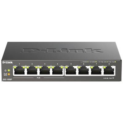 D-Link netværksswitch med otte Ethernet-porte, egnet til Power-over-Ethernet (PoE) applikationer.
