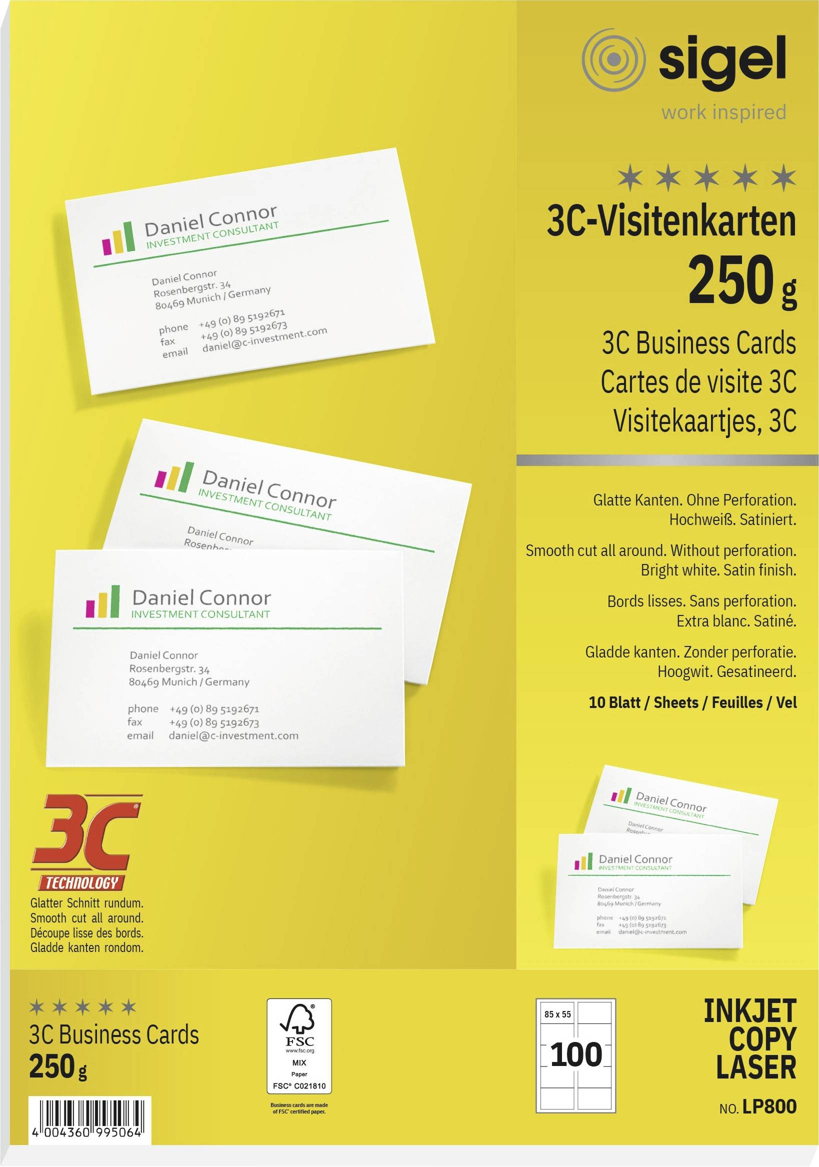 Sigel LP800 Printbare visitkort, glatte kanter 85 x 55 mm Højhvid 100 stk Papirformat: DIN A4