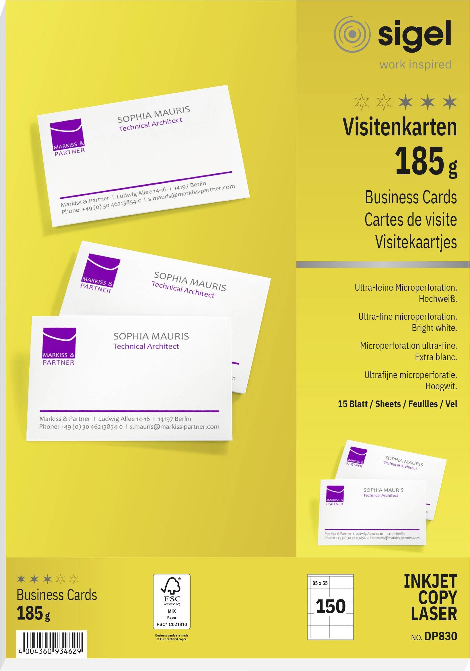 Sigel DP830 Printbare visitkort, microperforeret 85 x 55 mm Højhvid 150 stk Papirformat: DIN A4