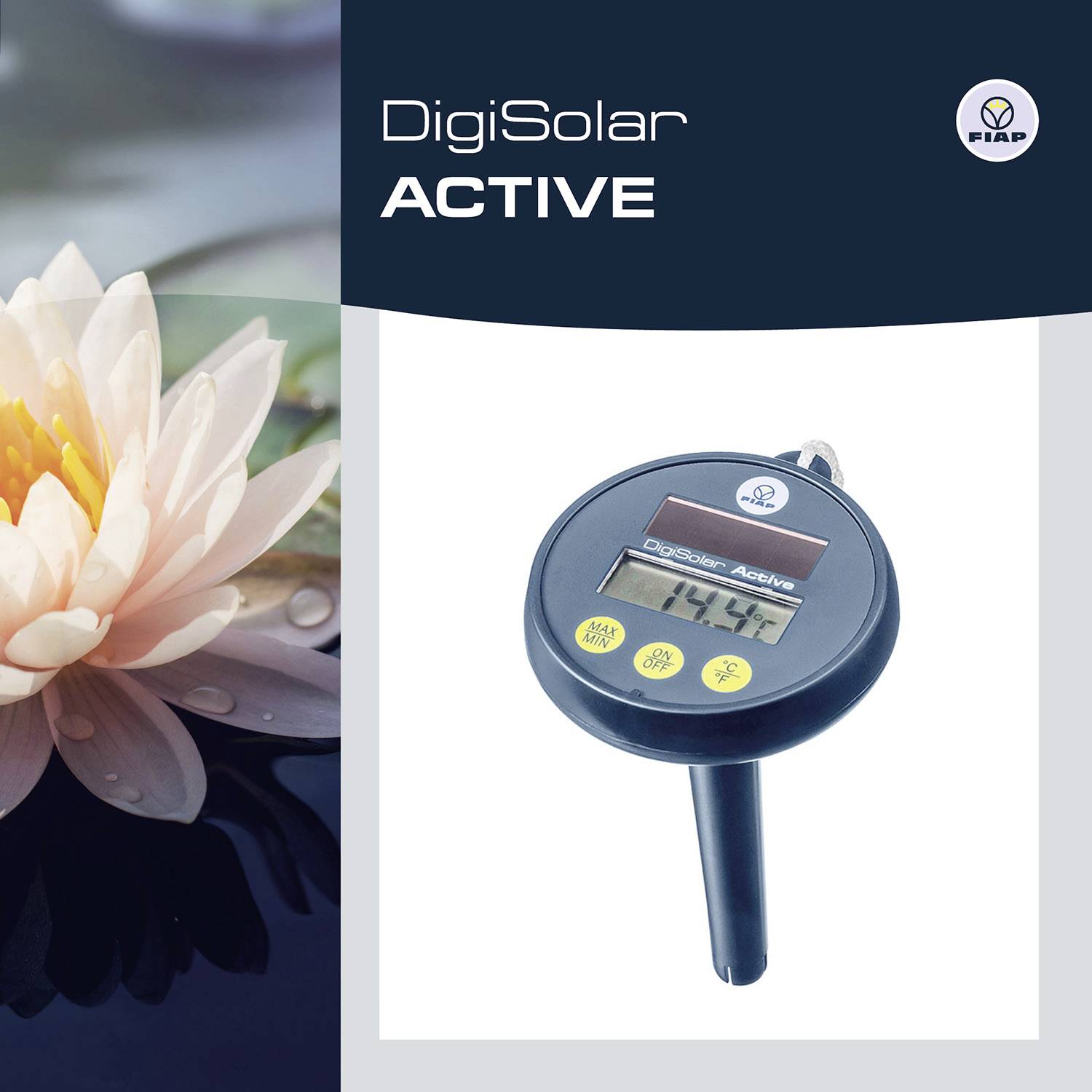 Digitalt måleapparat med skærmvisning, omgivet af planter. Teksten 'DigiSolar ACTIVE' er synlig.