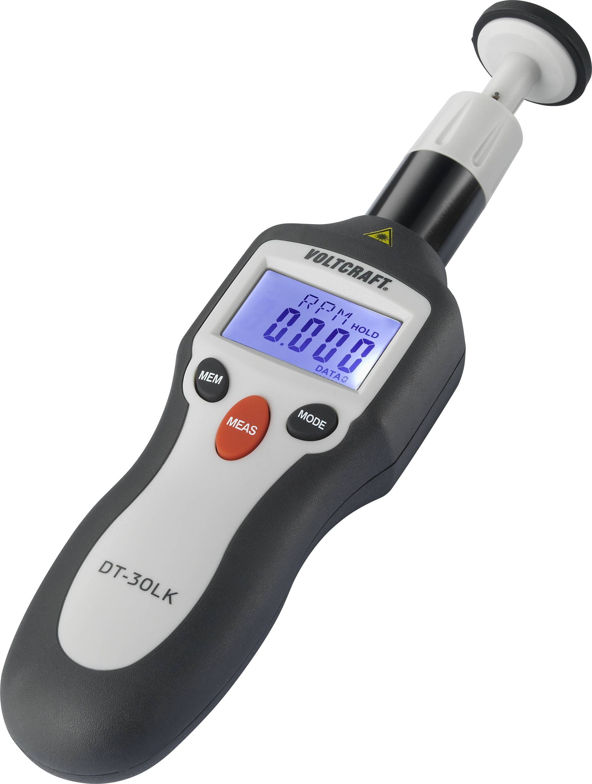 Et håndtachometer fra VOLTCRAFT med LCD-display, der viser '0.000 omdr./min'. Enhed til måling af omdrejningstal.