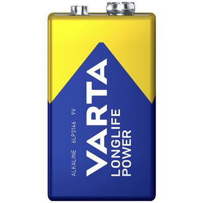 En Varta 9-volt-batteri med gul og blå emballage. Påskrift: 'Varta Longlife Power'.