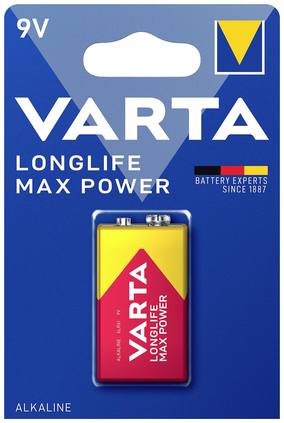 9V-alkalibatteri fra Varta, pakket. Påskrift: 'LONGLIFE MAX POWER'. Emballage i blå og gul med Varta-logo.