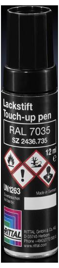 Sort laktusch med påskriften 'Laktusch Touch-up pen RAL 7035'. Indeholder farepiktogrammer og firmalogo. Volumen: 12 ml. Oprindelse: Tyskland.