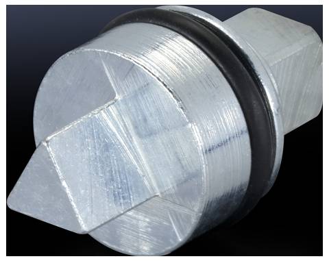 En sølvfarvet metalstop med sekskant-hoved og sort tætningsring, muligvis en lukning eller en skrue.