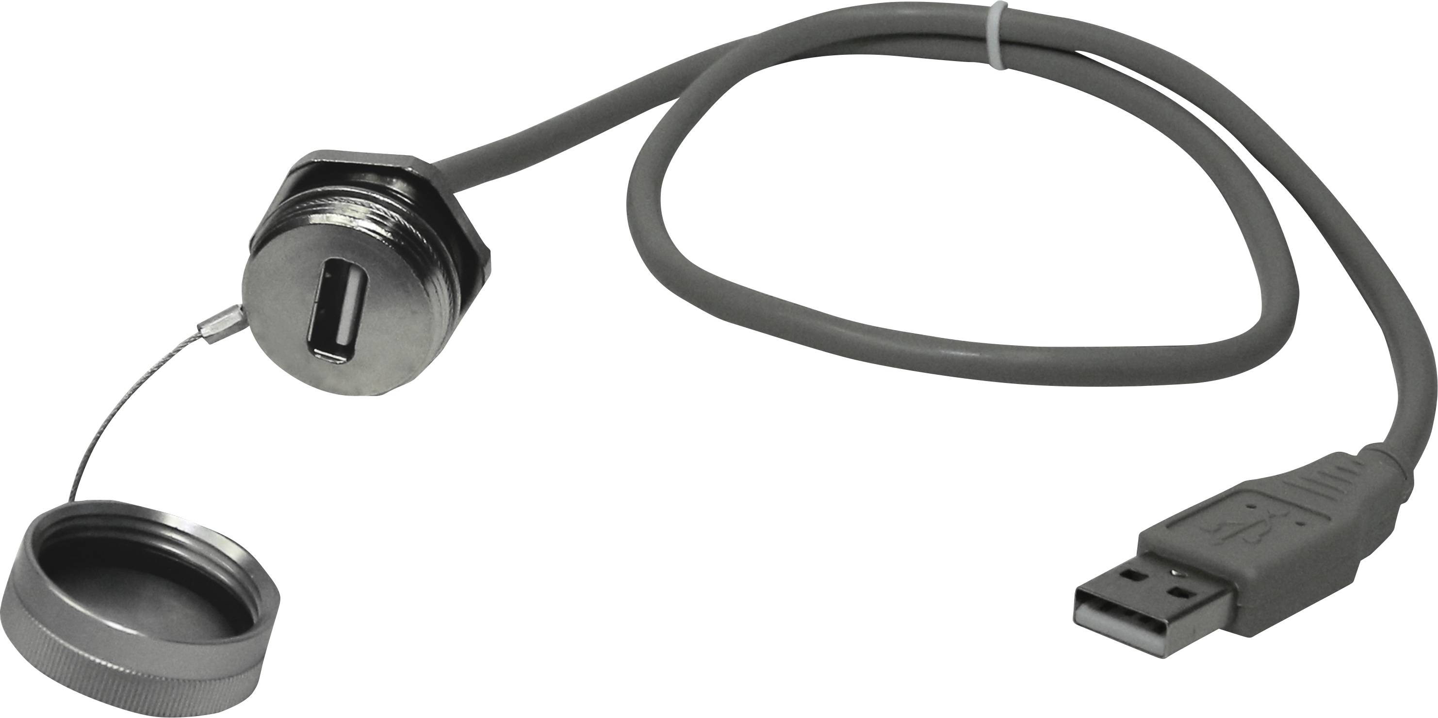 Et grå USB-kabel med et stik, sikret med et metaldæksel, sandsynligvis beregnet til brug i industrielle miljøer.