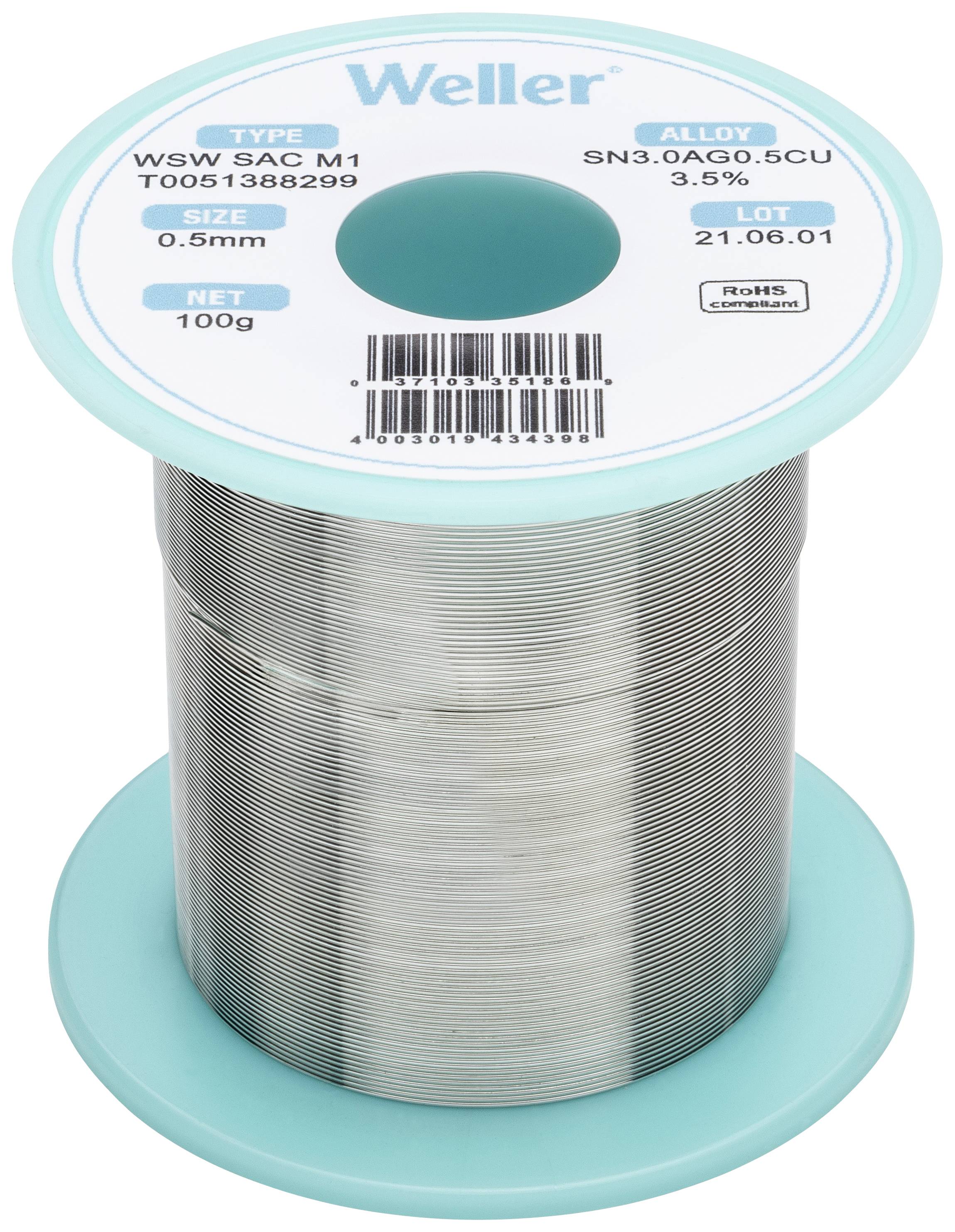 En rulle loddetin fra mærket Weller, type WSW SAC M1, legering SN3.0AG0.5CU, diameter 0,5 mm, vægt 100 g, LOT 21.06.01.