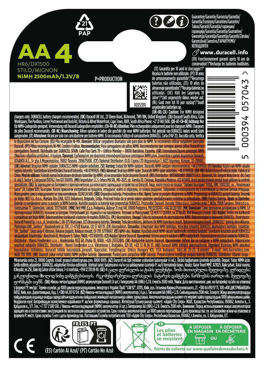 'AA 4' pakketiket til genopladelige NiMH-batterier, 2500mAh, 1,2V, fra Duracell. Genbrugssymboler og kompatibilitetssymboler inkluderet.