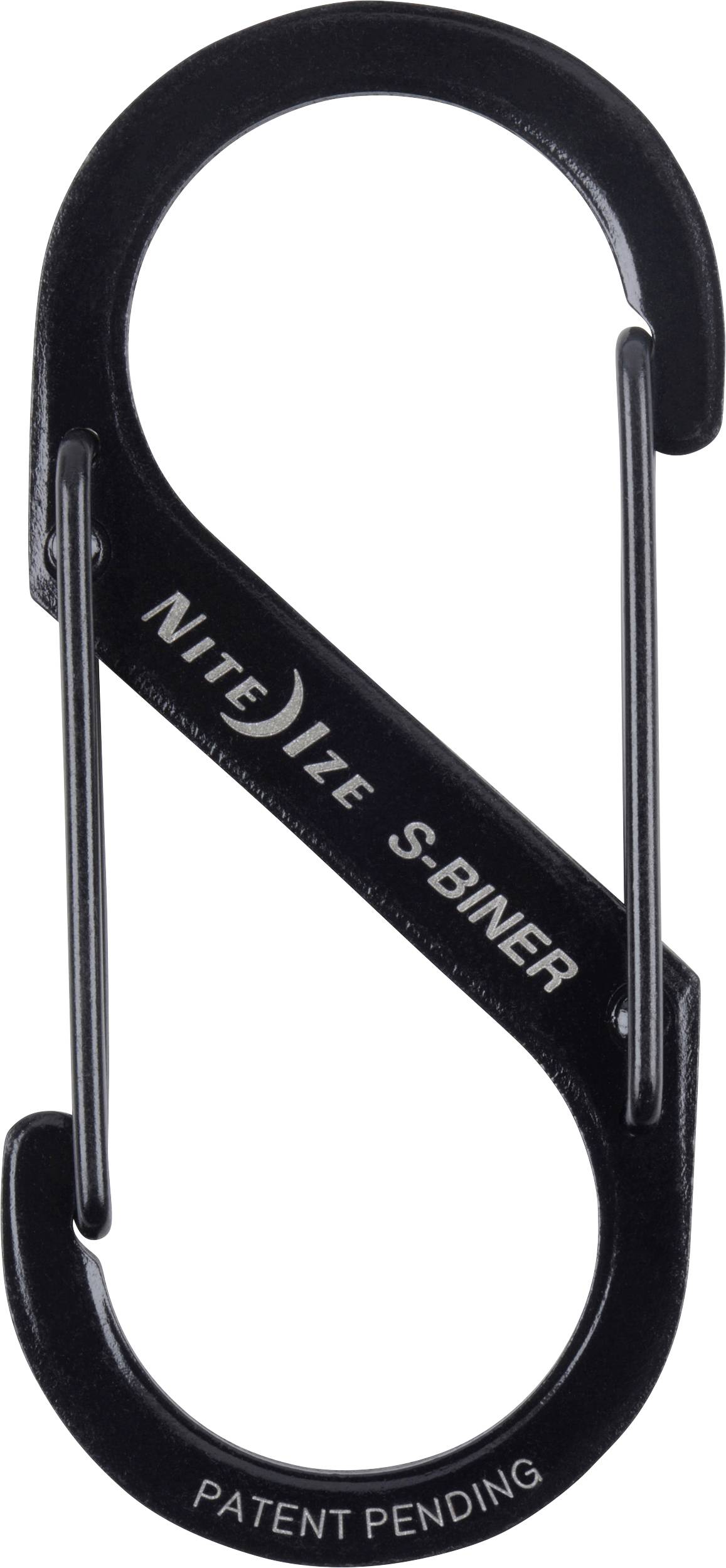 Sort S-formet karabin mærket 'Nite Ize S-Biner' med 'Patent Pending' i bunden.