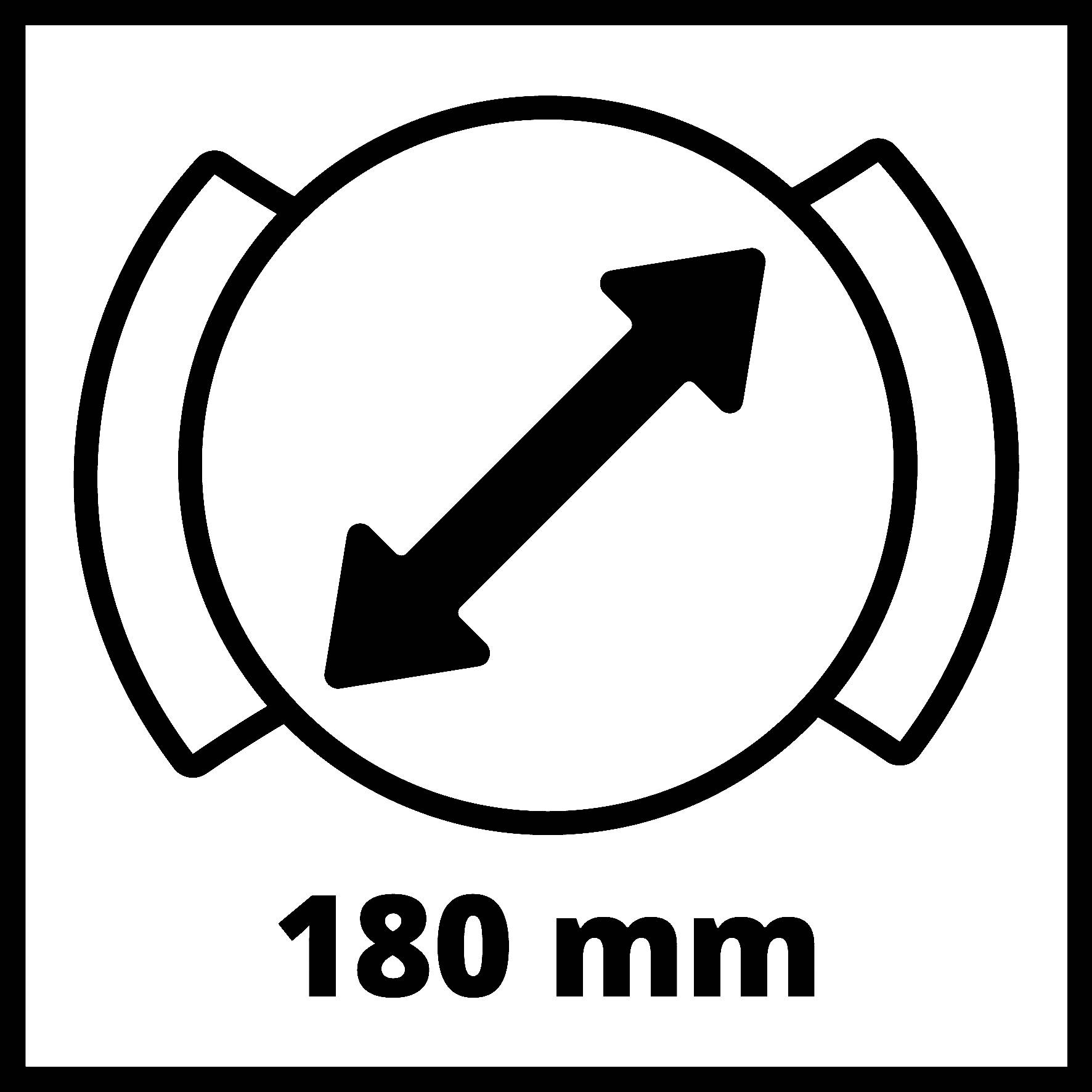 Symbolet viser en cirkel med en dobbeltpil indeni og teksten '180 mm', hvilket repræsenterer en måling eller diameter.