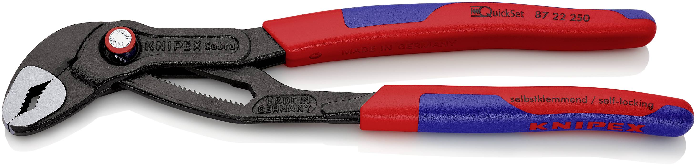 Rød og blå vandpumpetang fra Knipex, modelnummer 87 22 250, med selvlåsende design til greb om rørtilbehør.