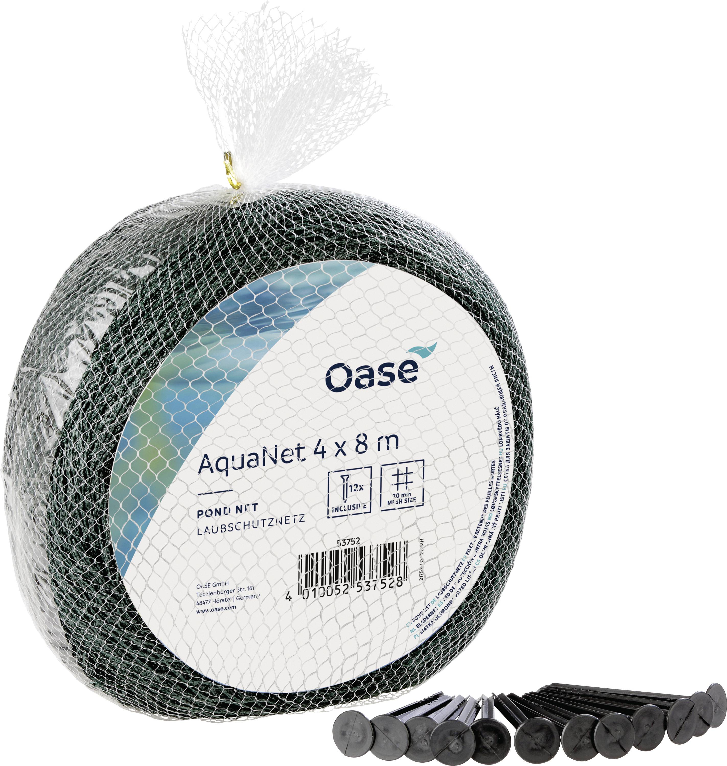Damnet-pakke mærket 'Oase AquaNet 4 x 8 m', inklusiv plastpløkker til fastgørelse af nettet.