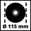 Ø 115 mm i en sort cirkel med stiplede linjer. Symbolet viser en rund genstand med 115 mm diameter.