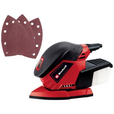 Einhell multiksliber i rød-sort med tre slibepapirark. Kompakt design til alsidige slibeopgaver.