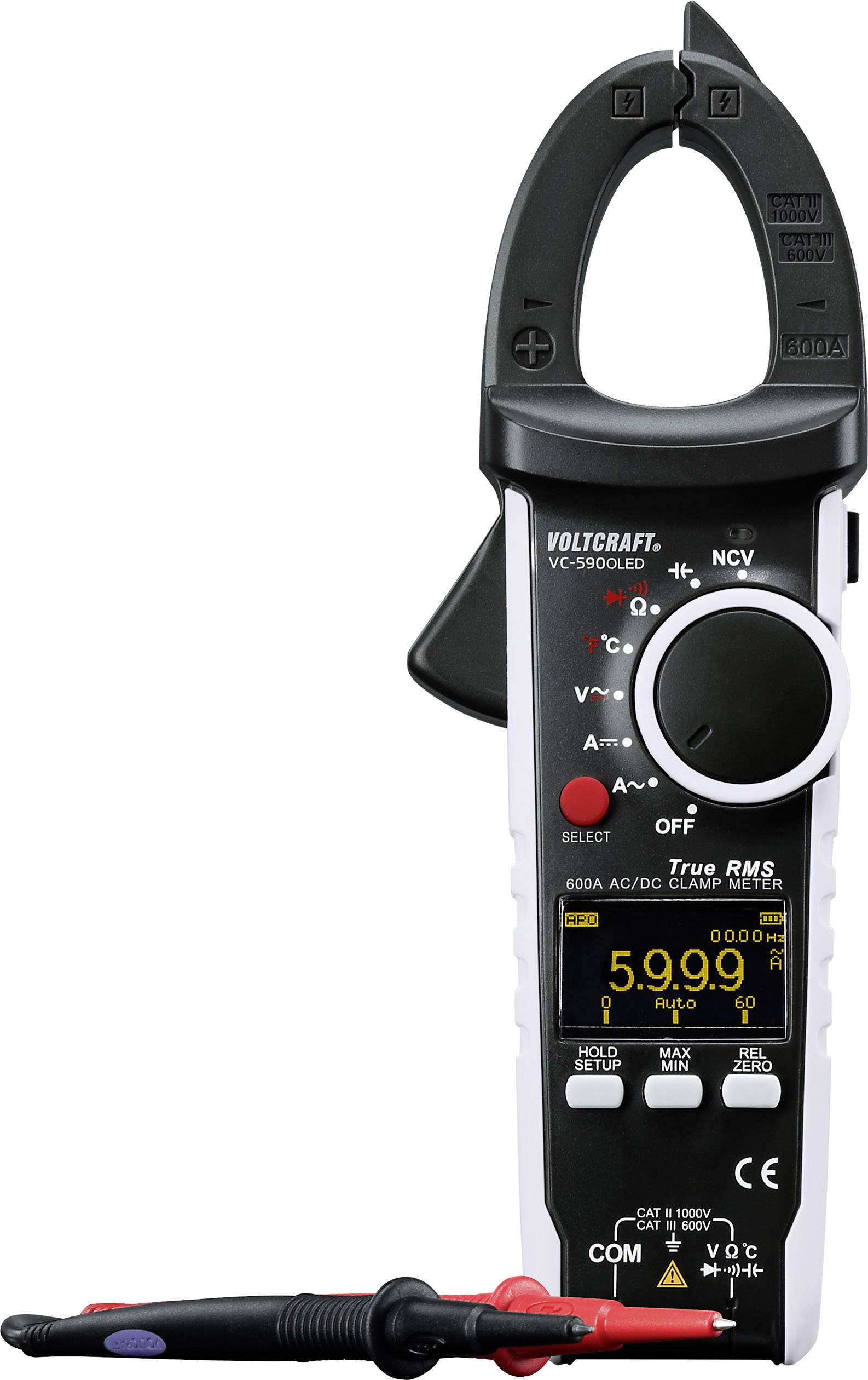 Digitalt strømtangs-multimeter med display, viser '5.9'. Det måler vekselstrøm og jævnstrøm. To målekabler er tilsluttet.