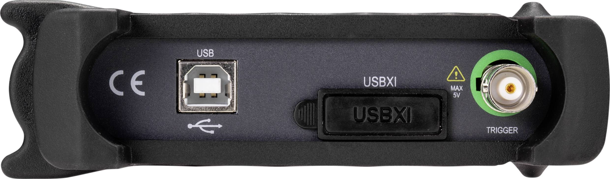 Nærbillede af et USBXI-interface med USB-stik og triggerport, afbildet på en elektronisk enhed.