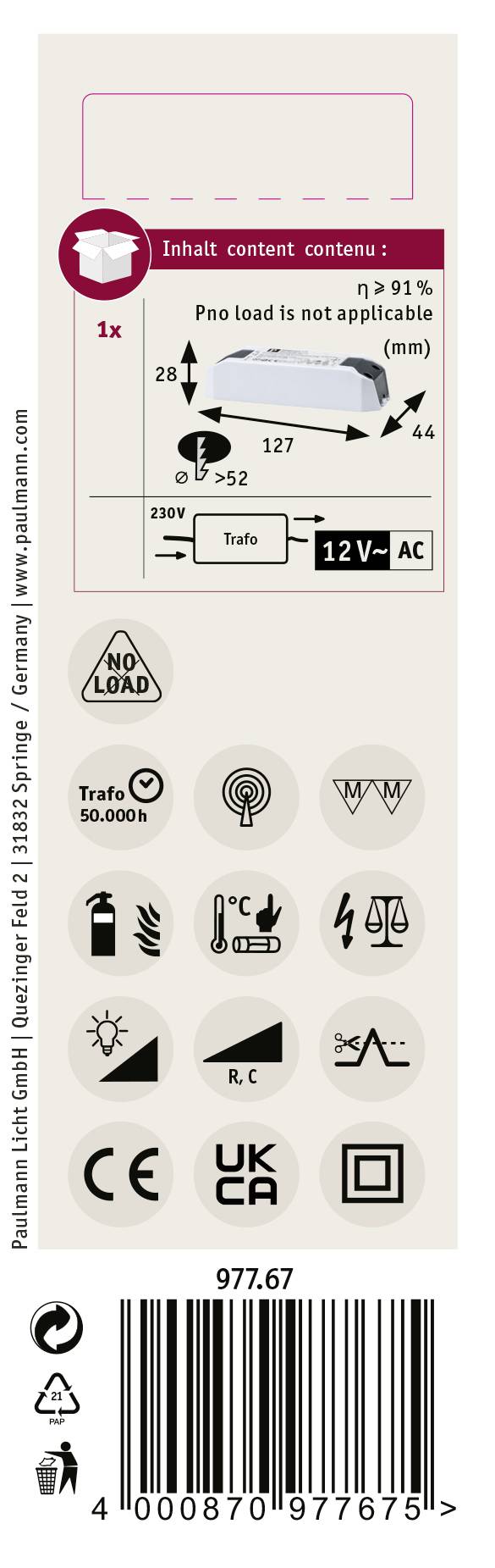 Produktemballage viser tekniske symboler og specifikationer for en 12V AC-transformer. Indeholder monteringsvejledning og stregkode.