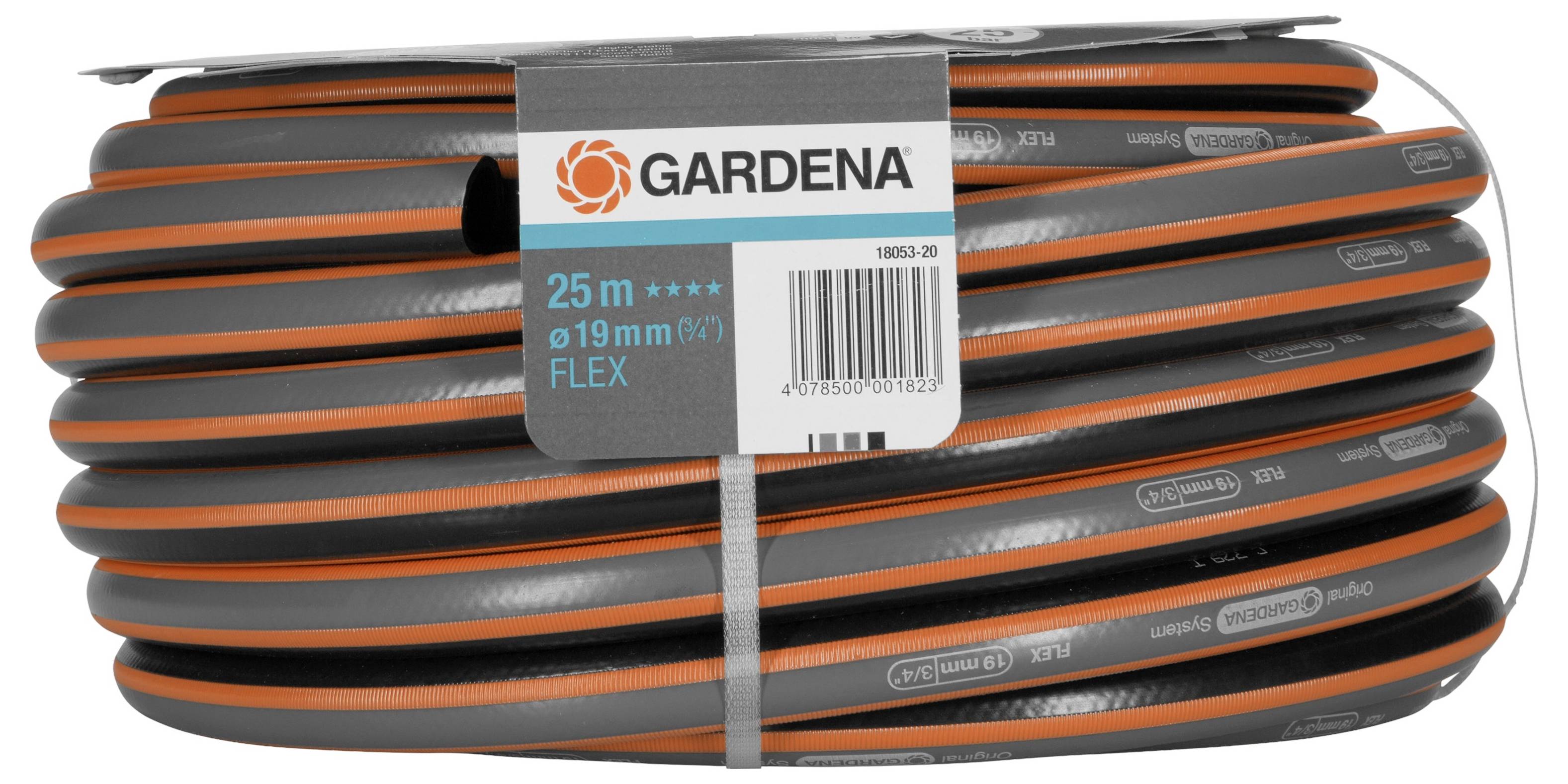 Haveslange rulle, 25 m lang, 19 mm diameter, Gardena mærke, sort med orange stribe, produktetiket i midten.