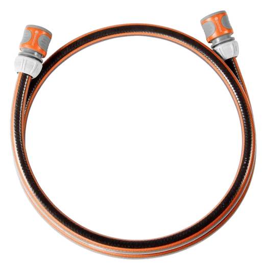 En orange-sort haveslange med grå tilslutninger, der danner en cirkel på hvid baggrund.
