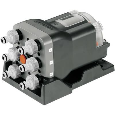 Et vandingscontrolsystem med flere vandtilslutninger og en drejeknap. Perfekt til styring af haveslanger.