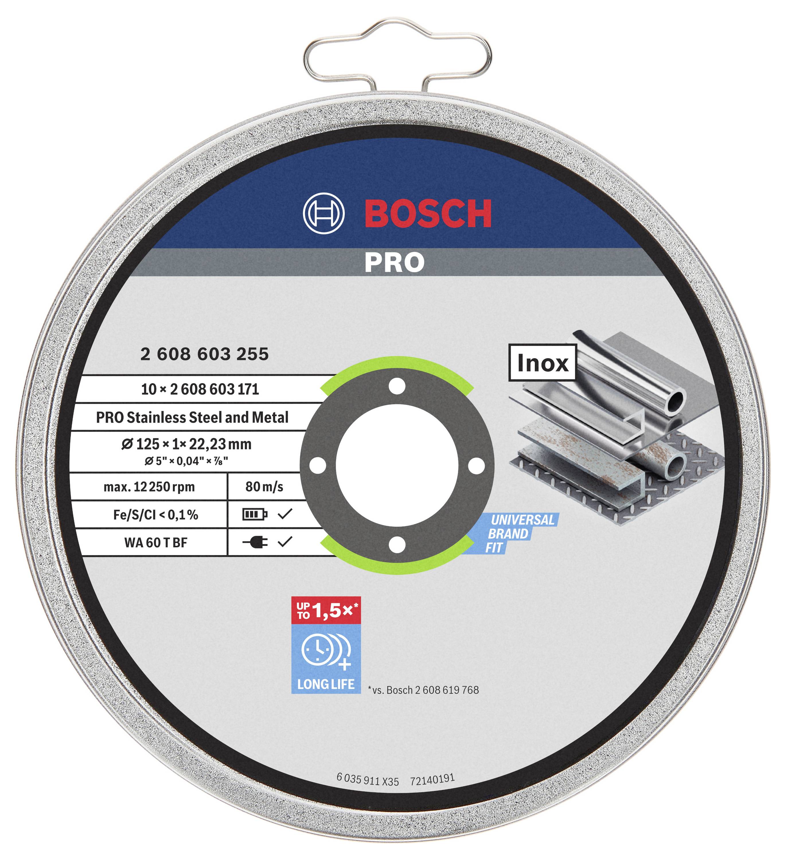 'Bosch PRO' skæreskive til rustfrit stål og metal, 125x1 mm. Produktdetaljer: 80 m/s, Universal. Rustfrie stålrør afbildet.