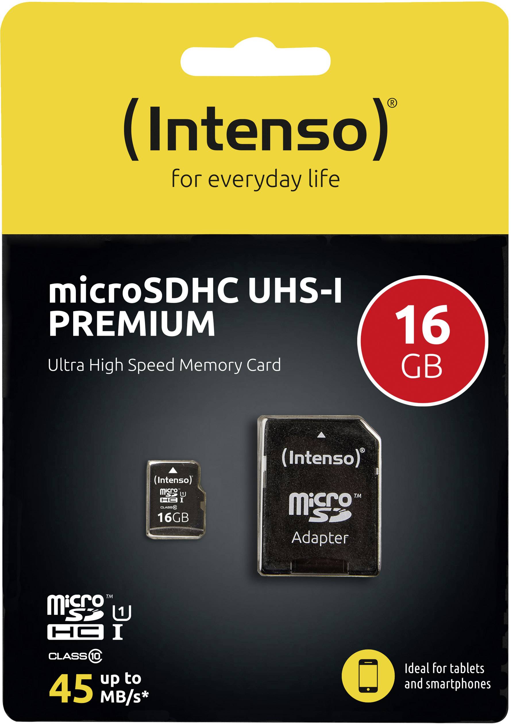 'Intenso microSDHC UHS-I PREMIUM hukommelseskort 16 GB med adapter, op til 45 MB/s. Egnet til tablets og smartphones.'