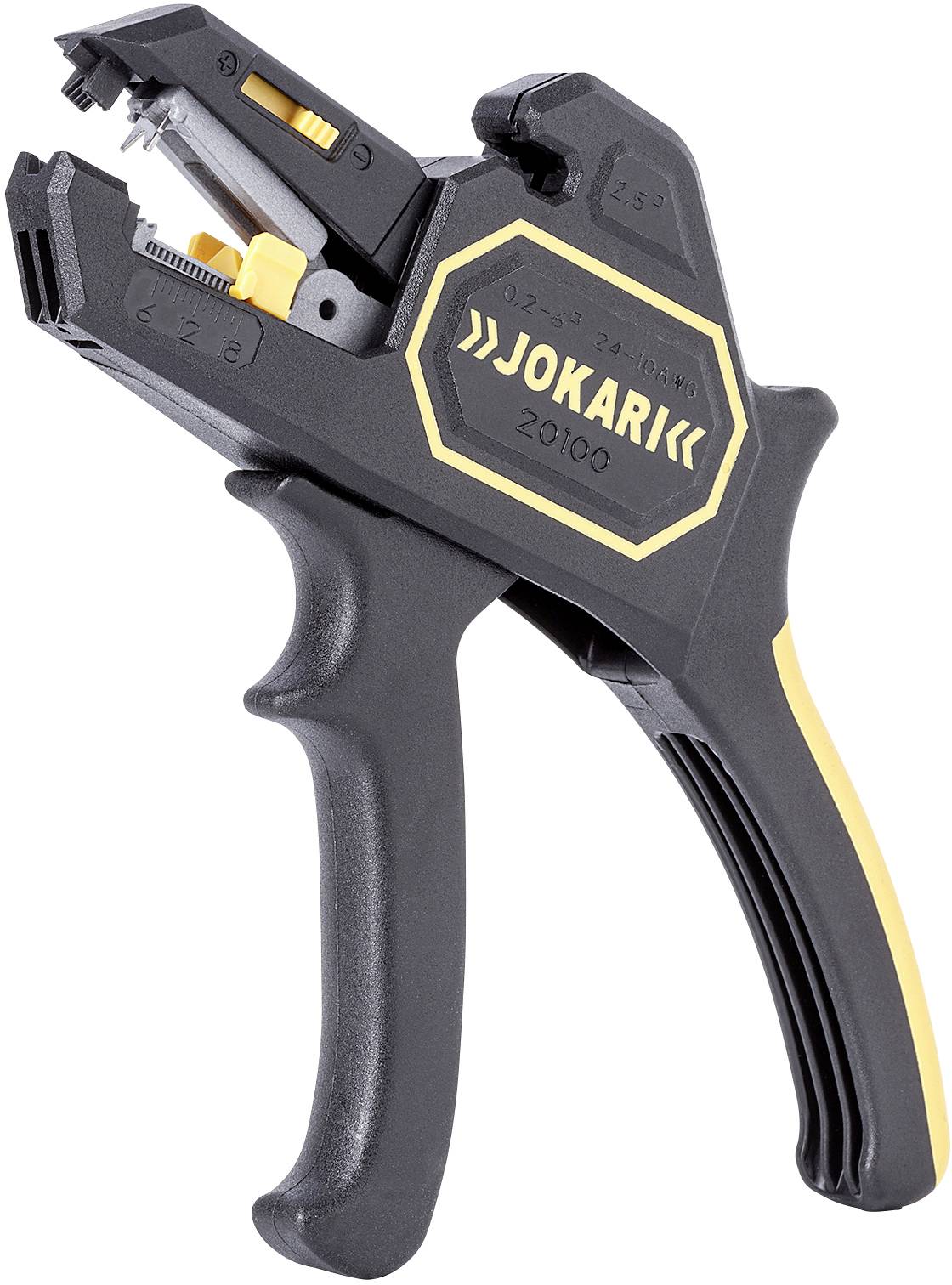 En sort Jokari afisoleringsværktøj med gul accent. Den har et ergonomisk greb og er designet til afisolering af kabler.