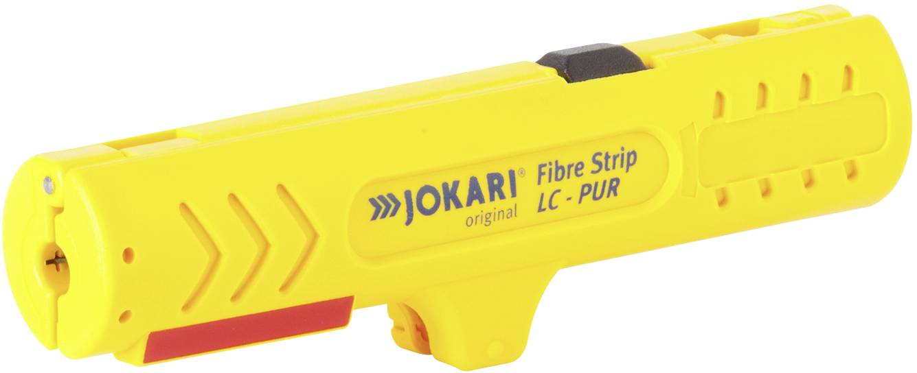 Et gult Jokari Fibre Strip LC-PUR afisoleringsværktøj til fjernelse af isolering på kabler.