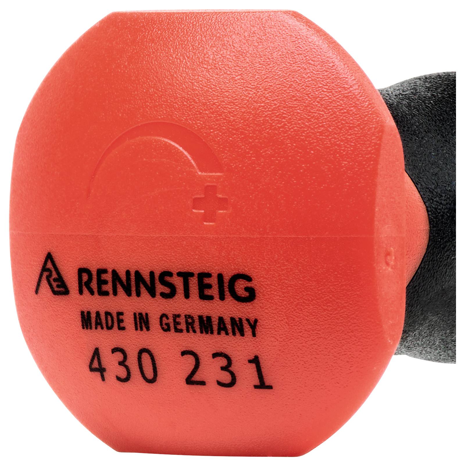 Rød håndtag på et værktøj med påskriften 'RENNSTEIG MADE IN GERMANY 430 231'.