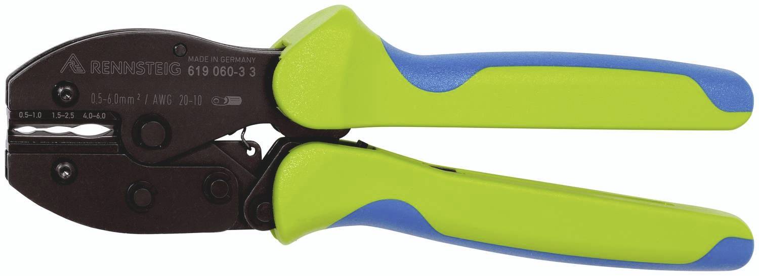 Grøn og blå crimptang med sort hoved. Mærkning 'Knipex 97 21 215'. Værktøj til at presse kabelsko.
