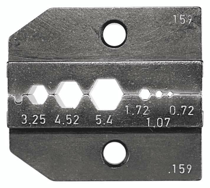 Metalplader med sekskanthuller fra 3,25 til 5,4 mm. Tallene angiver størrelse. To huller foroven og forneden til fastgørelse.