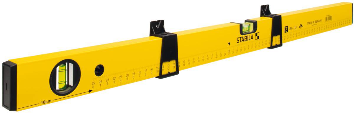 Gul vaterpas med to libeller til præcis nivellering, længdemålestok fra 10 til 120 cm synlig, mærke 'Stabila'.
