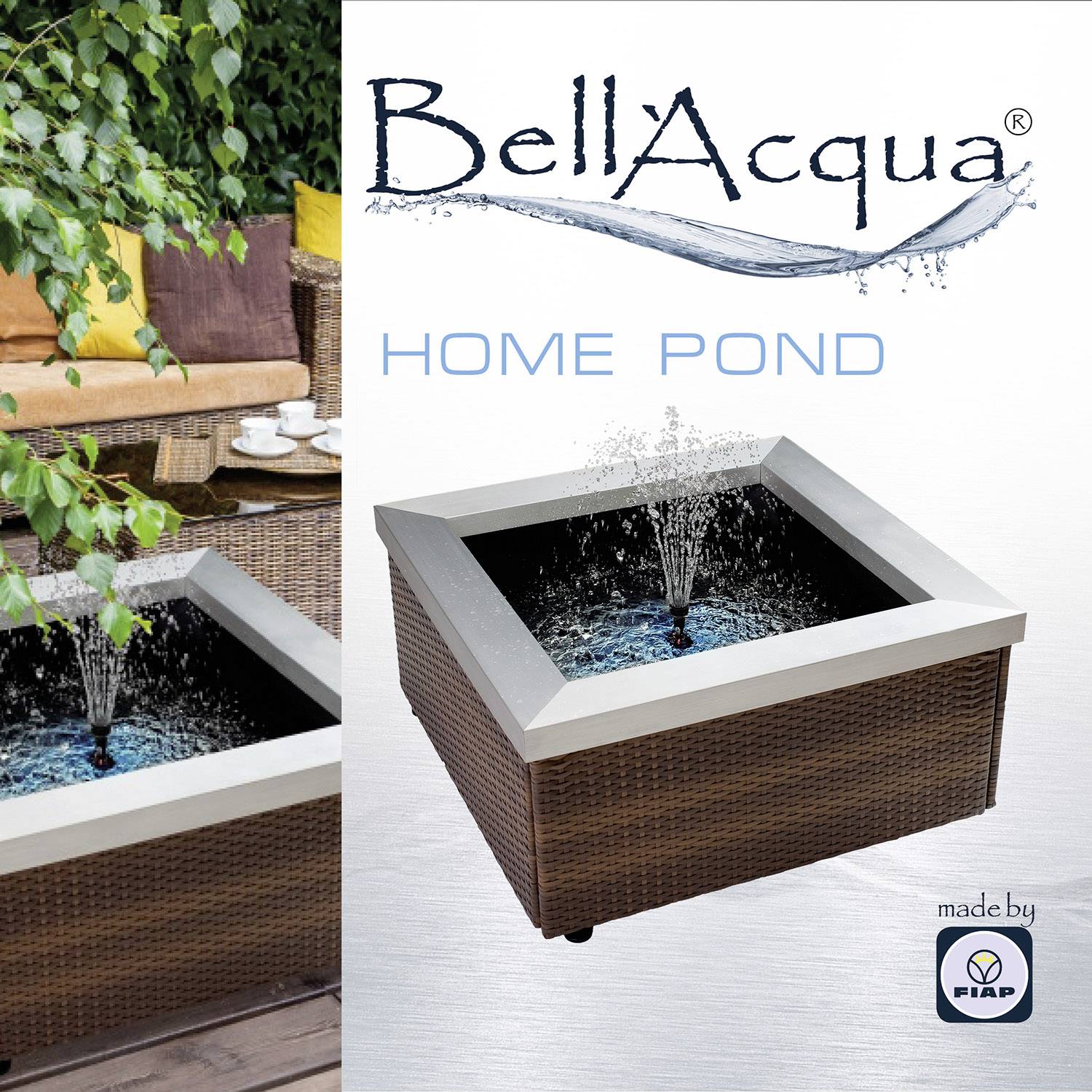'BellAqua Home Pond' i moderne design fremstillet af rattan med integreret springvand, velegnet til terrasser eller havepartier.