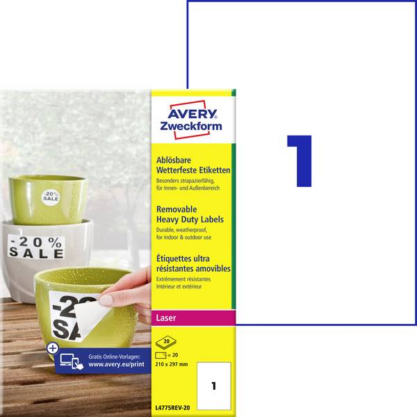 Avery-Zweckform L4775REV-20 Folielabels 210 x 297 mm Folie Hvid 20 stk Kan fjernes igen Farvelaserprinter, Laserprinter, Farvekopimaskine, Kopimaskine, Håndskrift