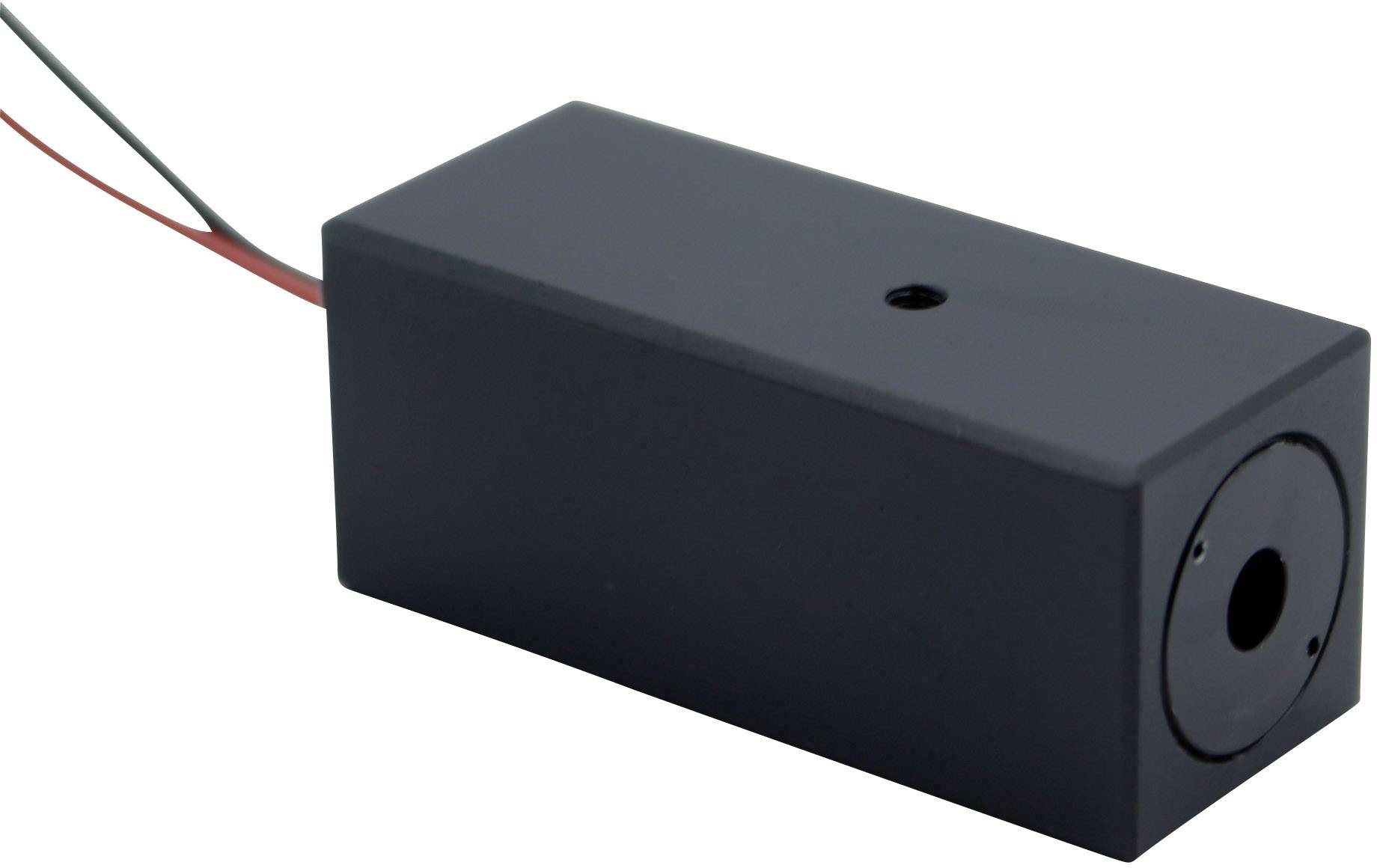 En rektangulær sort beholder med et hul på den ene side og to udstående ledninger. Sandsynligvis en elektronisk komponent.
