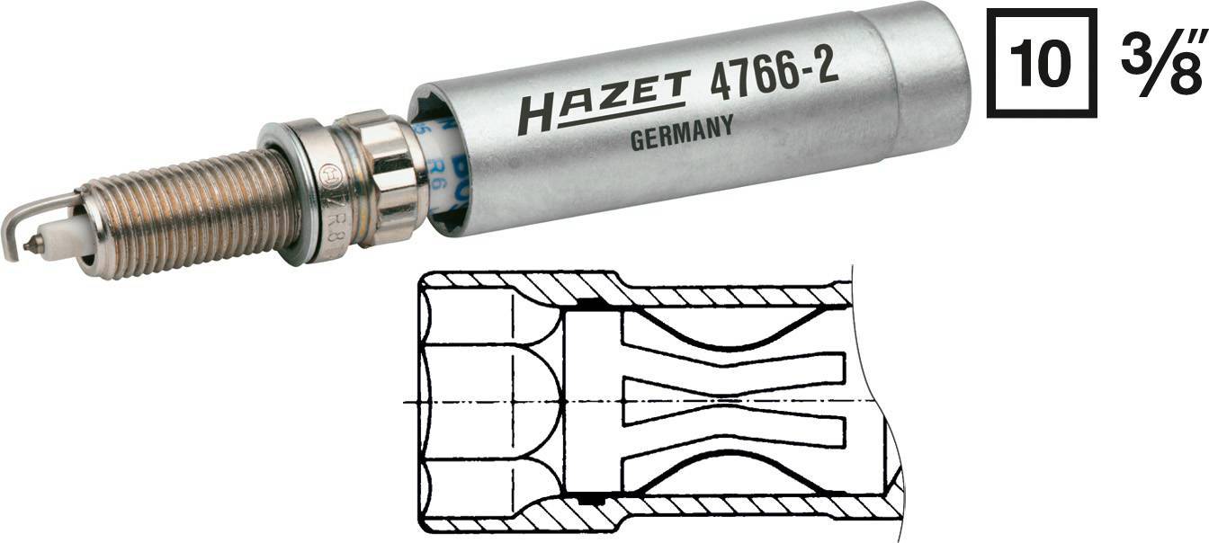 Et tændrør med en specialdesignet topnøgle fra Hazet, model 4766-2, viser dets grebsområde og en teknisk tegning af dets indvendige del.