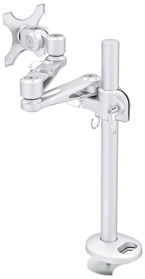 En sølvfarvet monitorarm med justerbare led og beslag, monteret på en vertikal søjle, til ergonomisk skærmplacering.