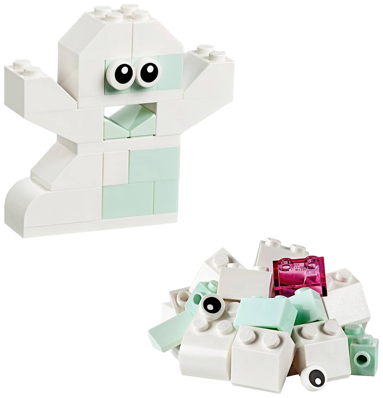 To dansk:<br><br>To Lego-modelfigurer: En stående figur med store øjne, farvet lysegrøn og hvid; ved siden af en rodet bunke med lignende klodser.