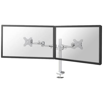 To monterede monitorfæster ved siden af hinanden på en svingarm, placeret på et bord, uden monitorer.