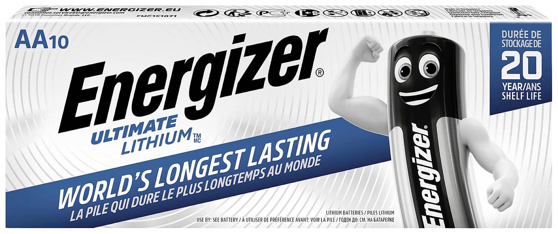 Energizer Ultimate Lithium AA-batteripakke med maskot. Fremhævet: 'Verdens længst holdbare', 20 års holdbarhed ved opbevaring.