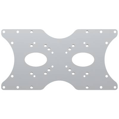 Metaladapterplade med flere huller til montering. Rektangulær form med afrundede hjørner og symmetrisk design.