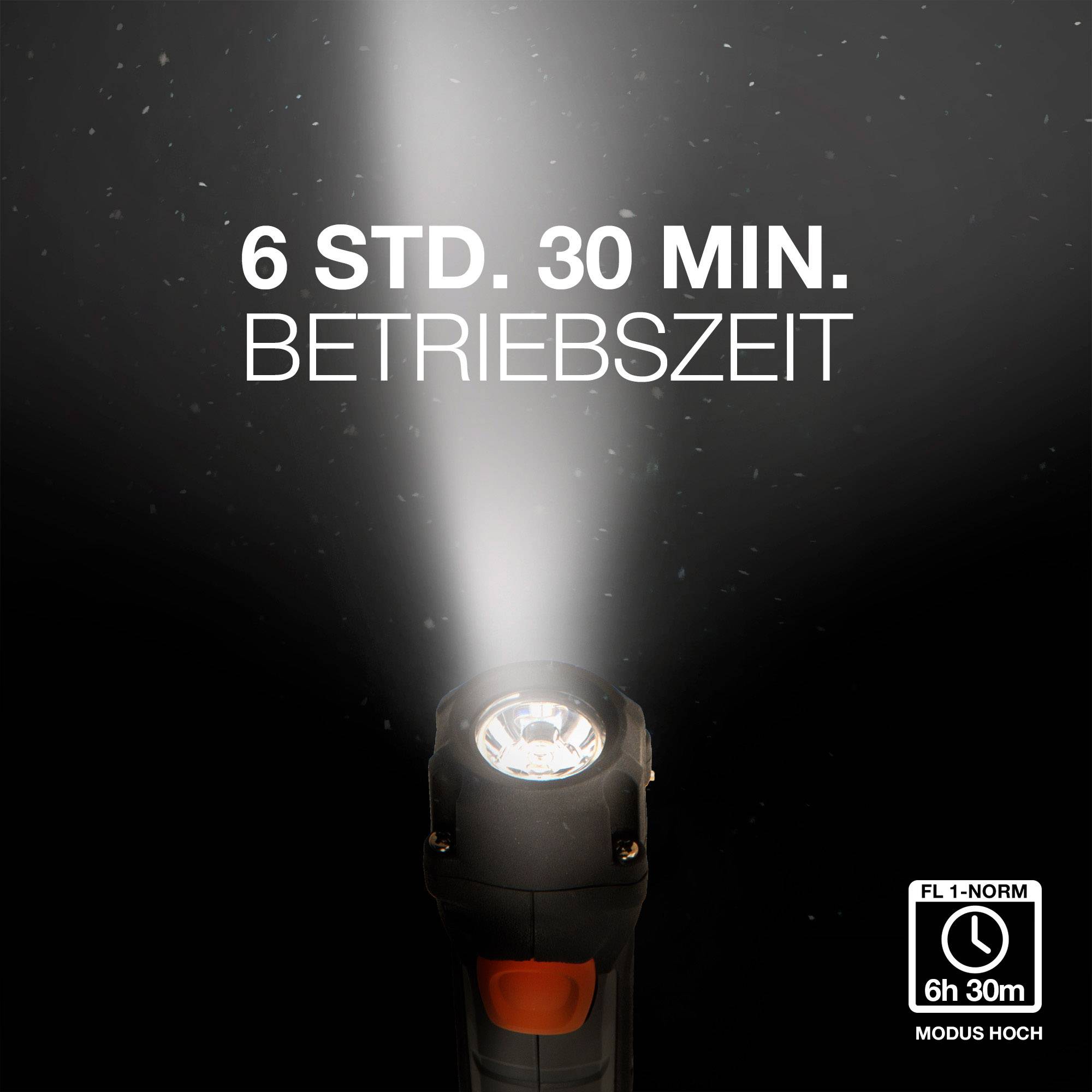 Lommelygte peger opad, tekst over lampen: '6 timer 30 min. driftstid'. Nederst til højre: Symbol og 'Høj modus'.