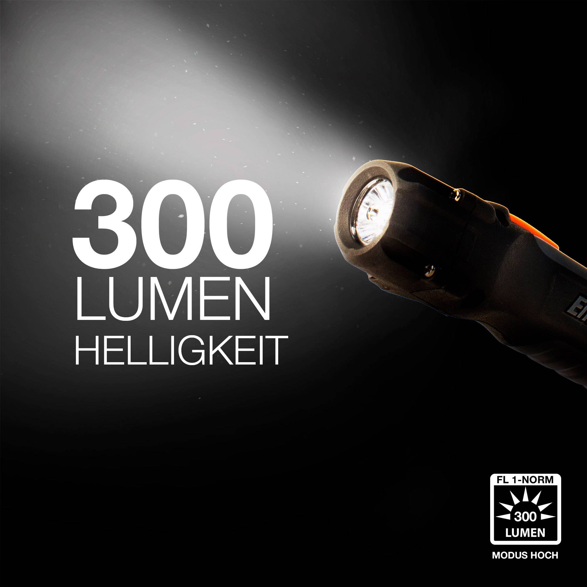 Lommelygte lyser med 300 lumens lysstyrke. Tekst 'FL-1-standard', 'TILSTAND HØJ'.
