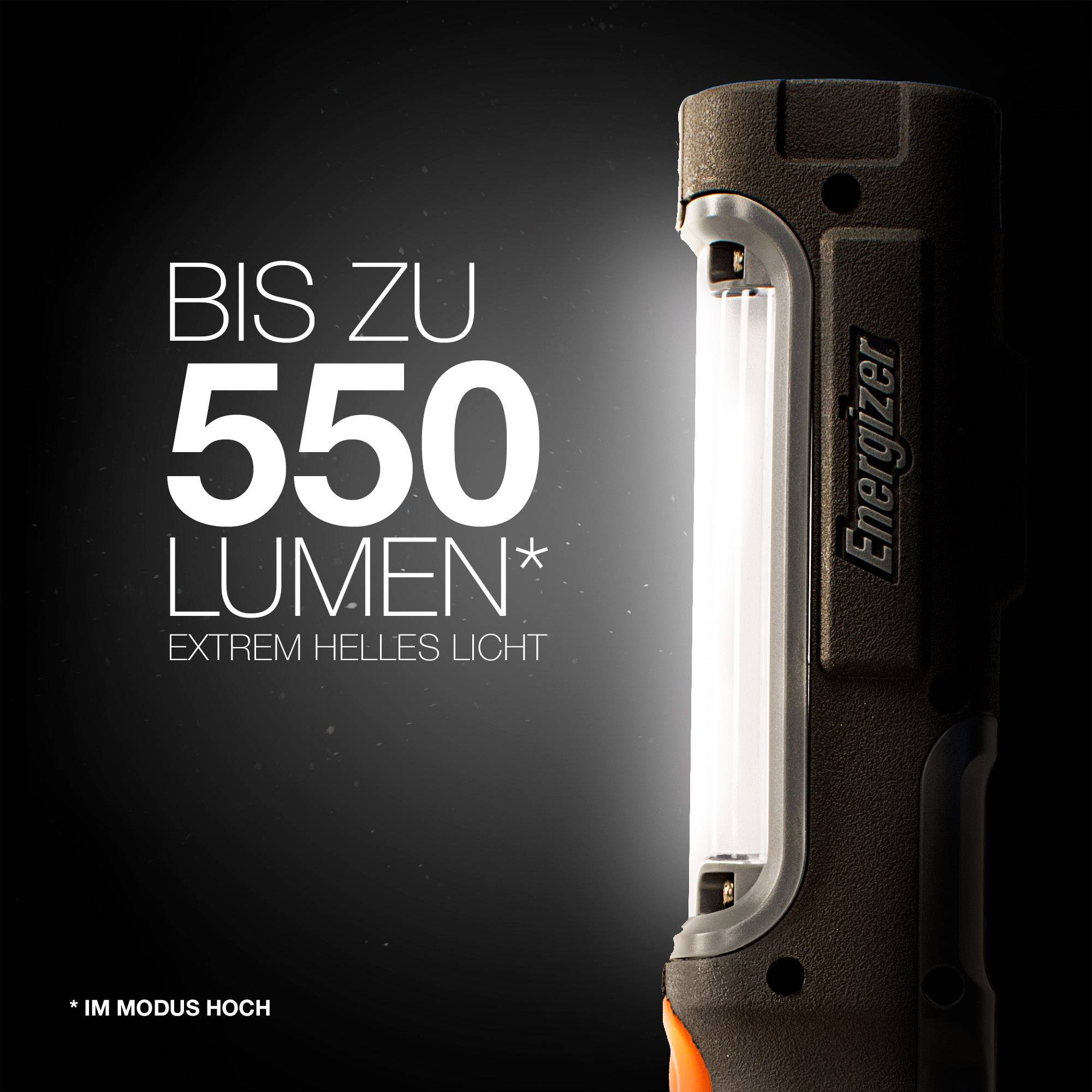 Energizer-lommelygte med op til 550 lumen; den giver ekstremt kraftigt lys i høj tilstand.