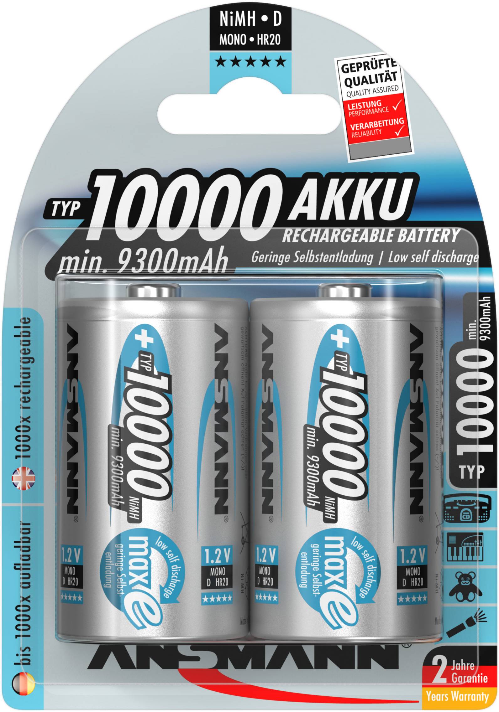 'Pakke med fire genopladelige NiMH-D-celle-batterier, 10000 mAh, fra Ansmann. Egnet til enheder med højt energiforbrug.'