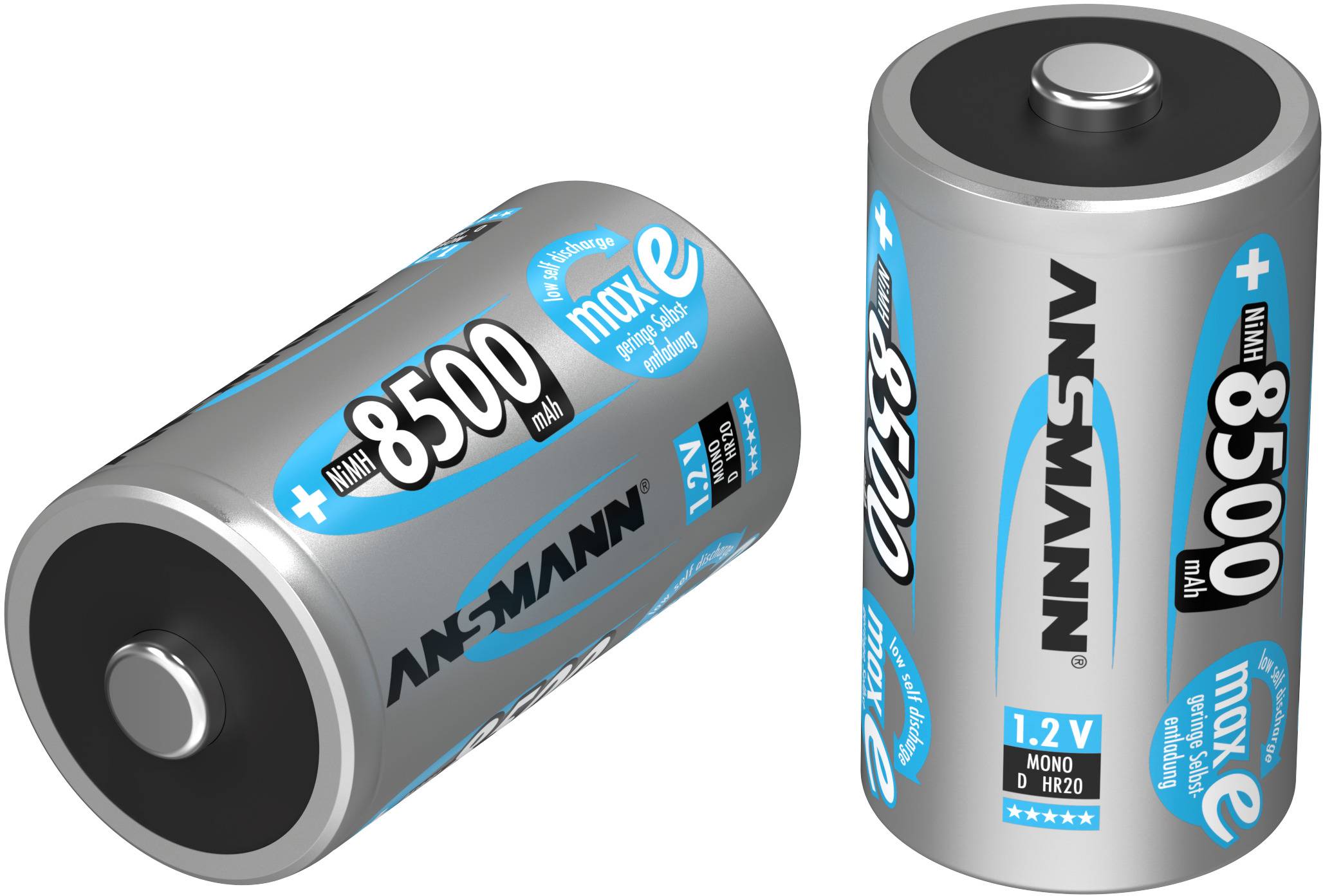 To batterier i sølv fra mærket Ansmann, type HR20, med 1,2V og en kapacitet på 8500 mAh, står lodret ved siden af hinanden.